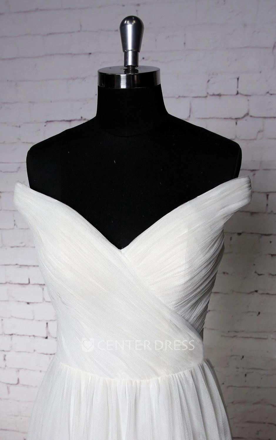 Plain Off-Shoulder Tulle Wedding Dress With Ruching and Pleats