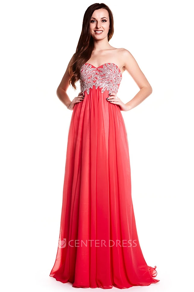 A-Line Crystal Sweetheart Floor-Length Sleeveless Chiffon Prom Dress With Lace-Up Back And Pleats