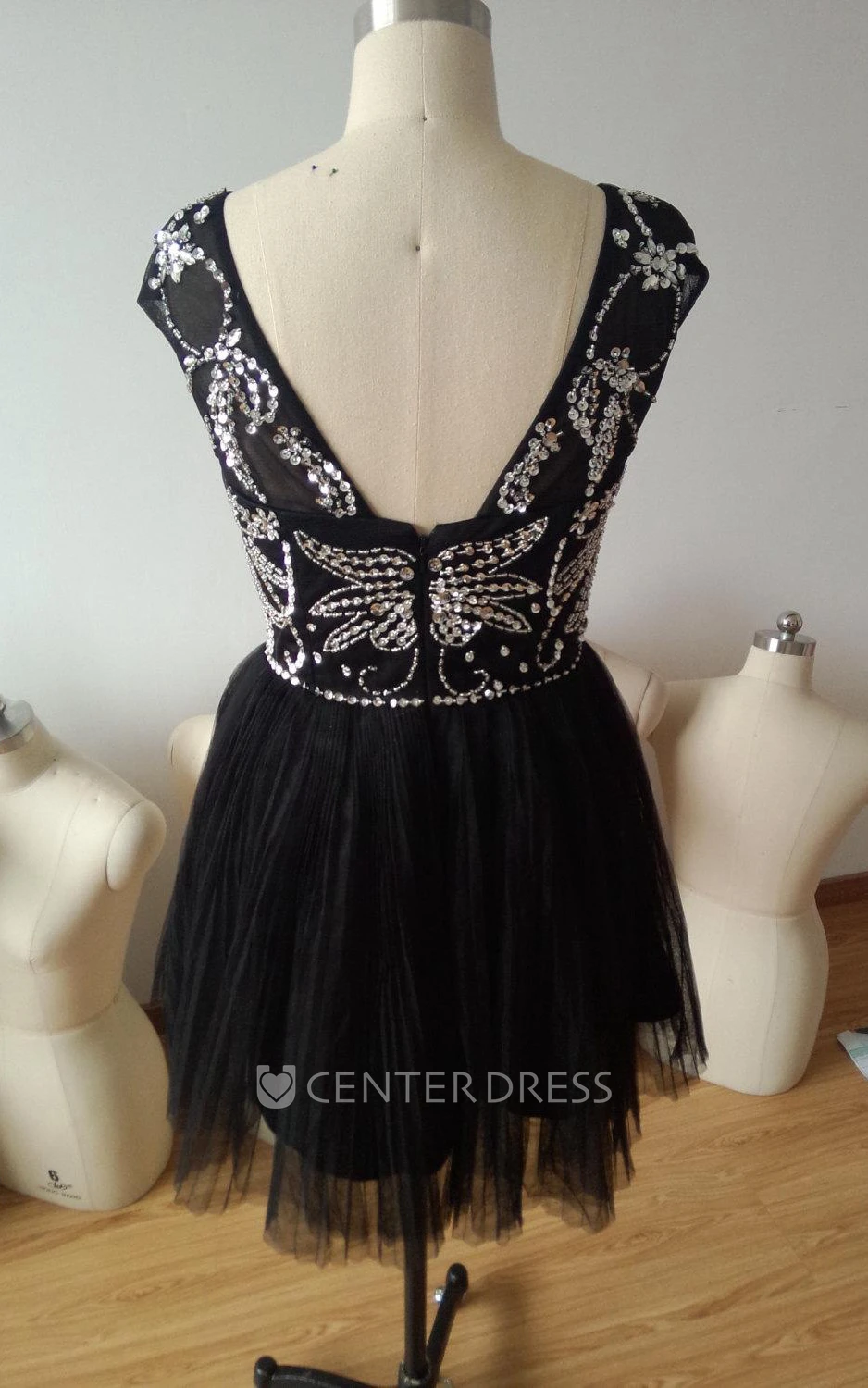 Mini Cap-sleeve A-line Chiffon Dresse With Crystal Detailing