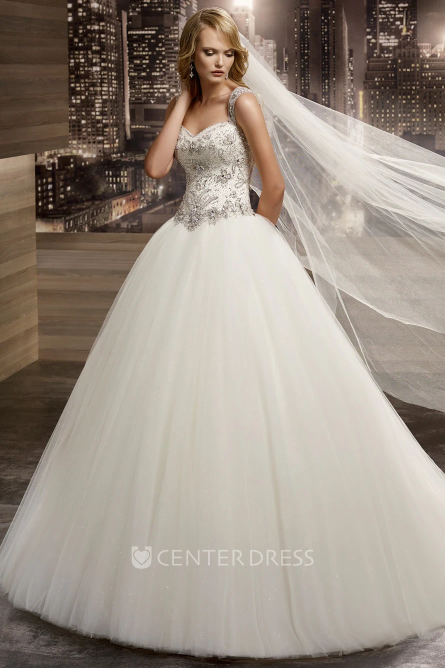 Square Neckline Wedding Dress with Beaded Bodice and Simple Skirt