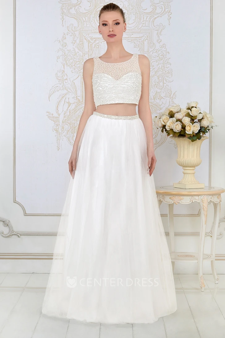 A-Line Sleeveless Floor-Length Beaded Scoop-Neck Prom Dress