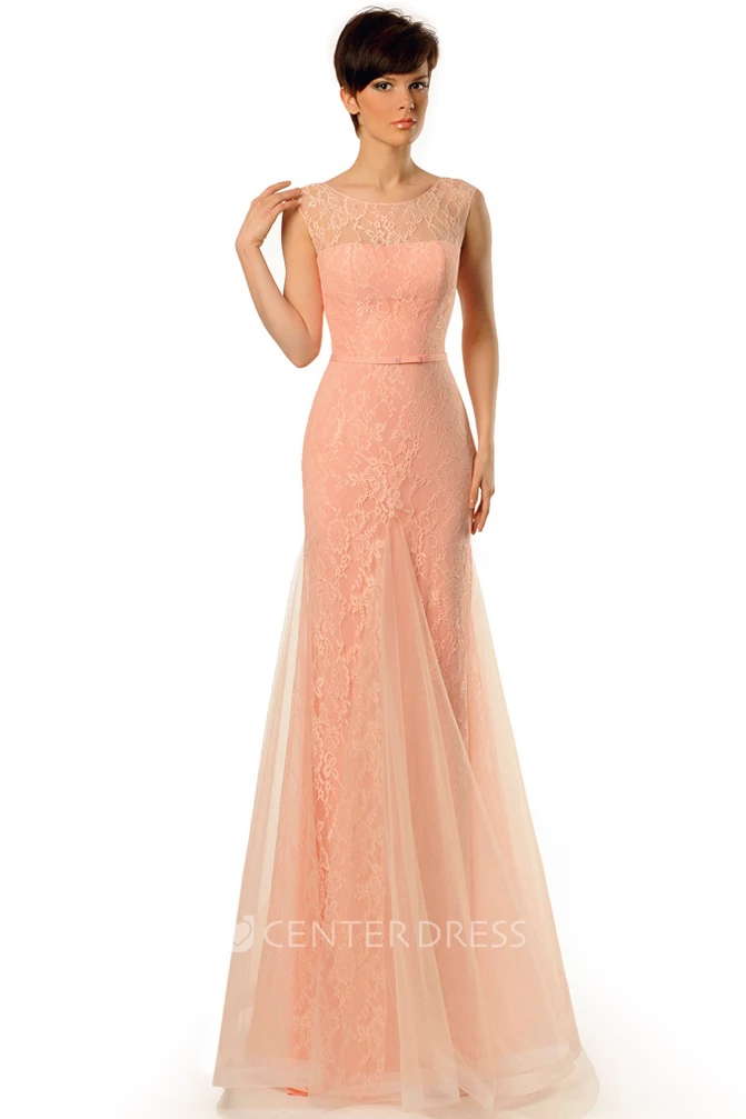 Sheath Long Scoop-Neck Sleeveless Tulle&Lace Prom Dress