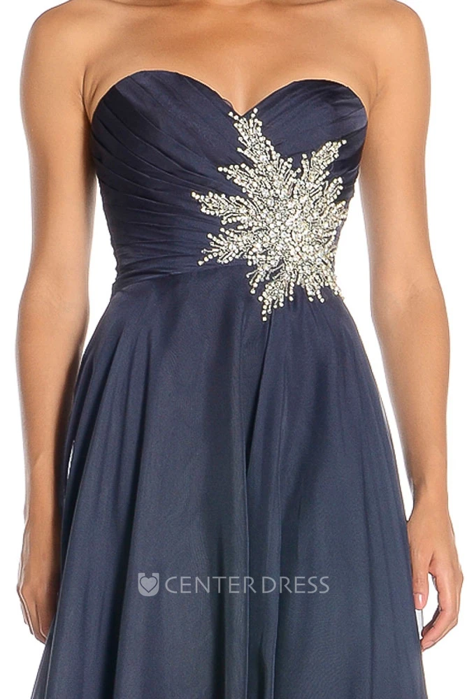 Sweetheart Floor-Length Criss-Cross Satin Chiffon Prom Dress With Beading