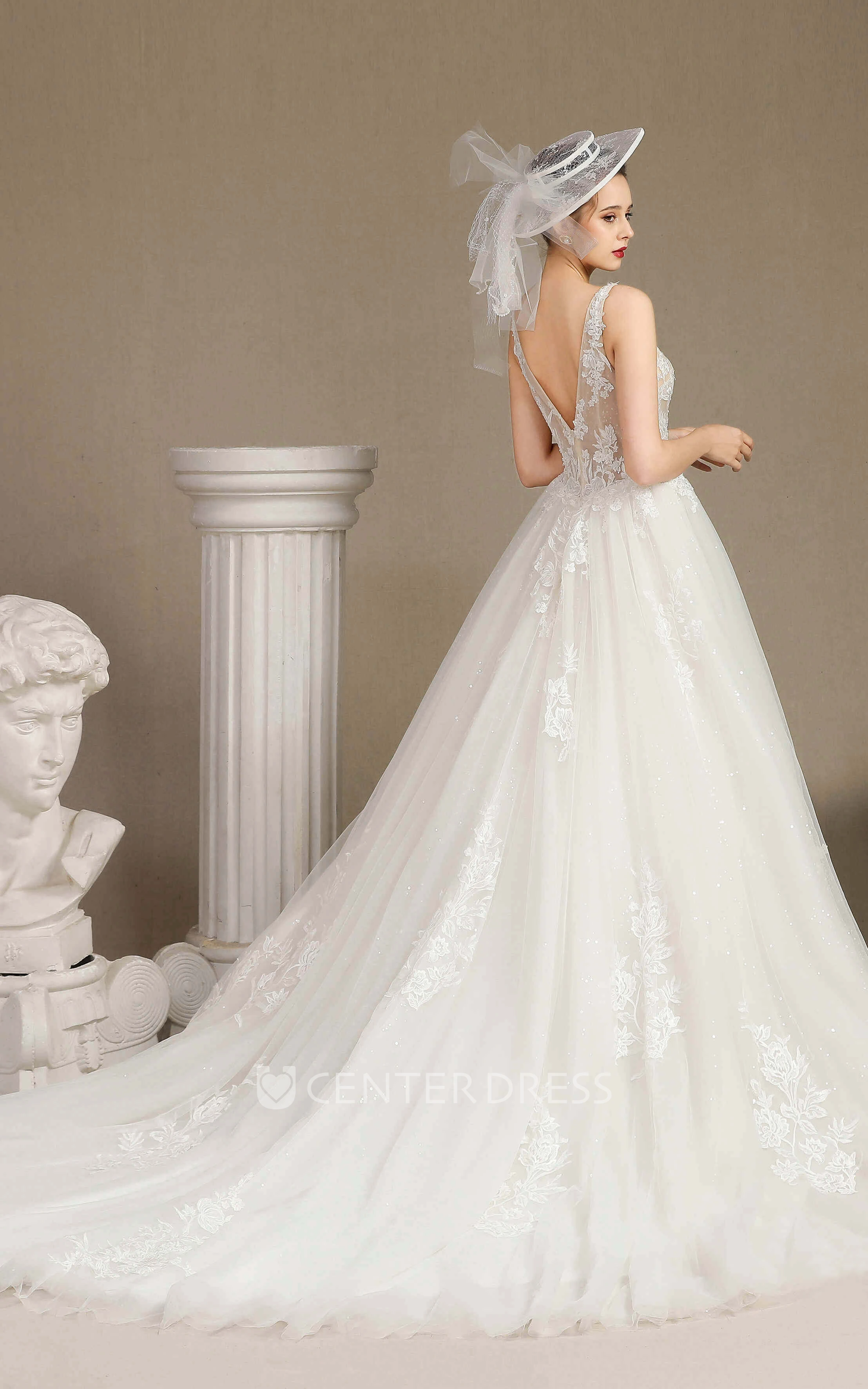 Sleeveless Lace Appliqued Ballgown Sexy Plunging V-neck Wedding Dress With V-back