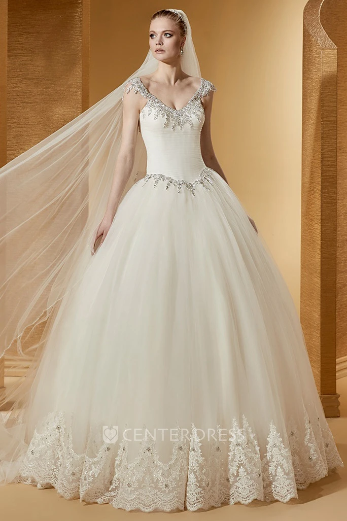 Fancy Beaded V-Neck Cap Sleeve Ball Gown With Embroideries And Open Back