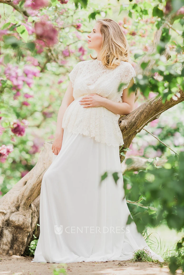A-Line Sweep Brush Train Short Sleeve Empire Maternity Wedding Dress