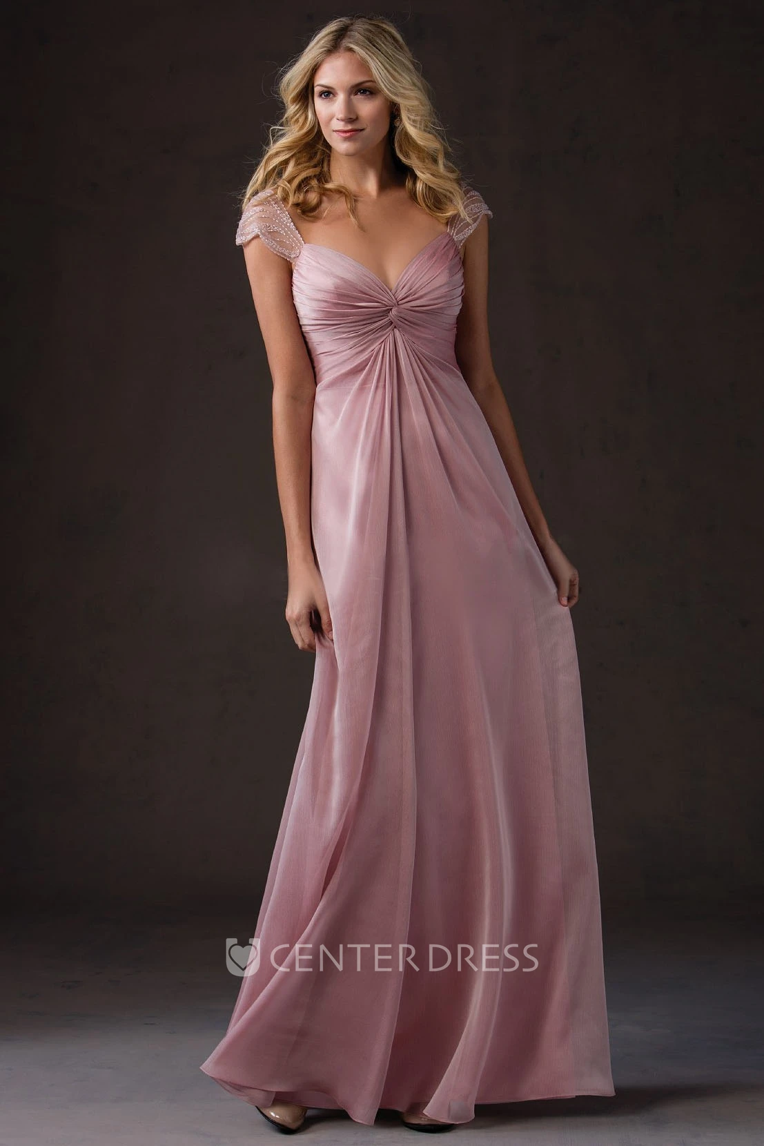 Cap-Sleeved V-Neck A-Line Bridesmaid Dress With Ruches And V-Back
