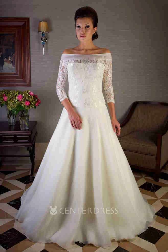 A-Line Off-The-Shoulder Long-Sleeve Long Organza Wedding Dress With Appliques And Illusion