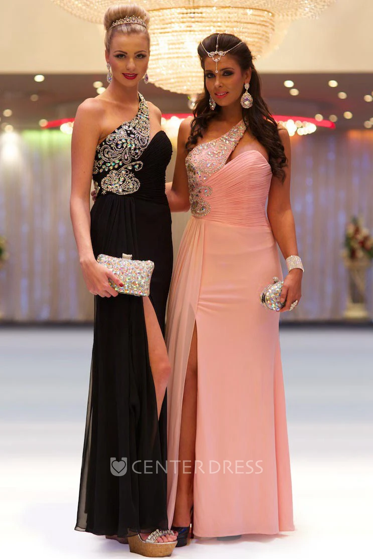 Sheath Sleeveless One-Shoulder Maxi Beaded Chiffon Prom Dress With Ruching And Split Front