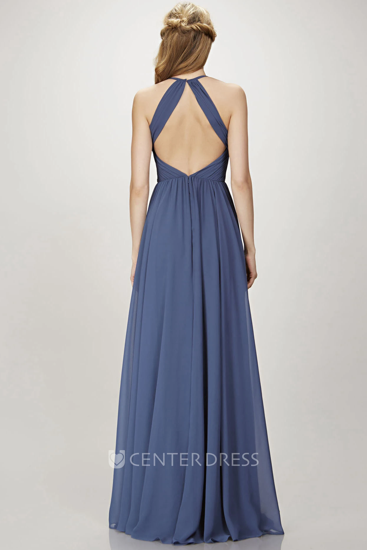 A-Line Scoop Maxi Pleated Sleeveless Chiffon Bridesmaid Dress With Keyhole Back