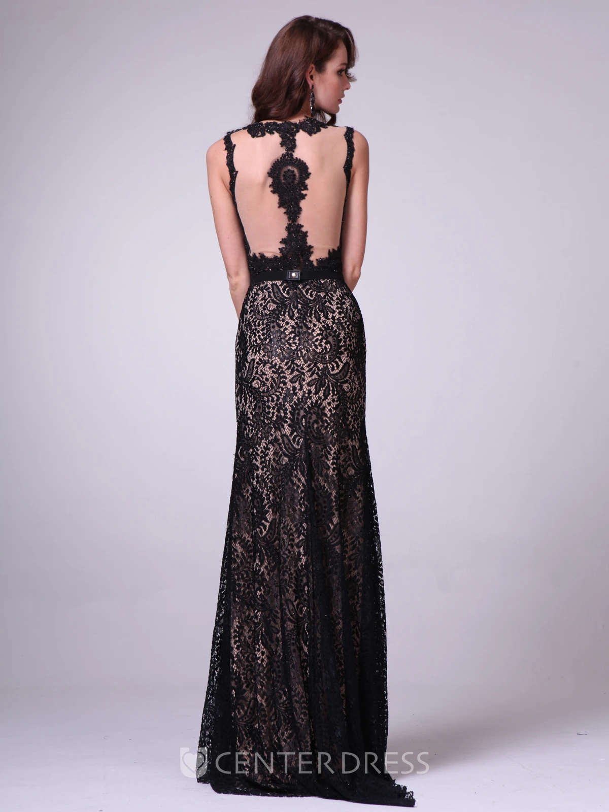 Sheath Maxi Jewel-Neck Sleeveless Lace Illusion Dress With Split Front