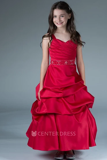 Flower Girl V Neck Taffeta Ball Gown With Ruffles And Beading Waist