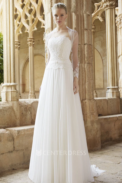 Sheath Strapless Long-Sleeve Pleated Chiffon Wedding Dress With Cape
