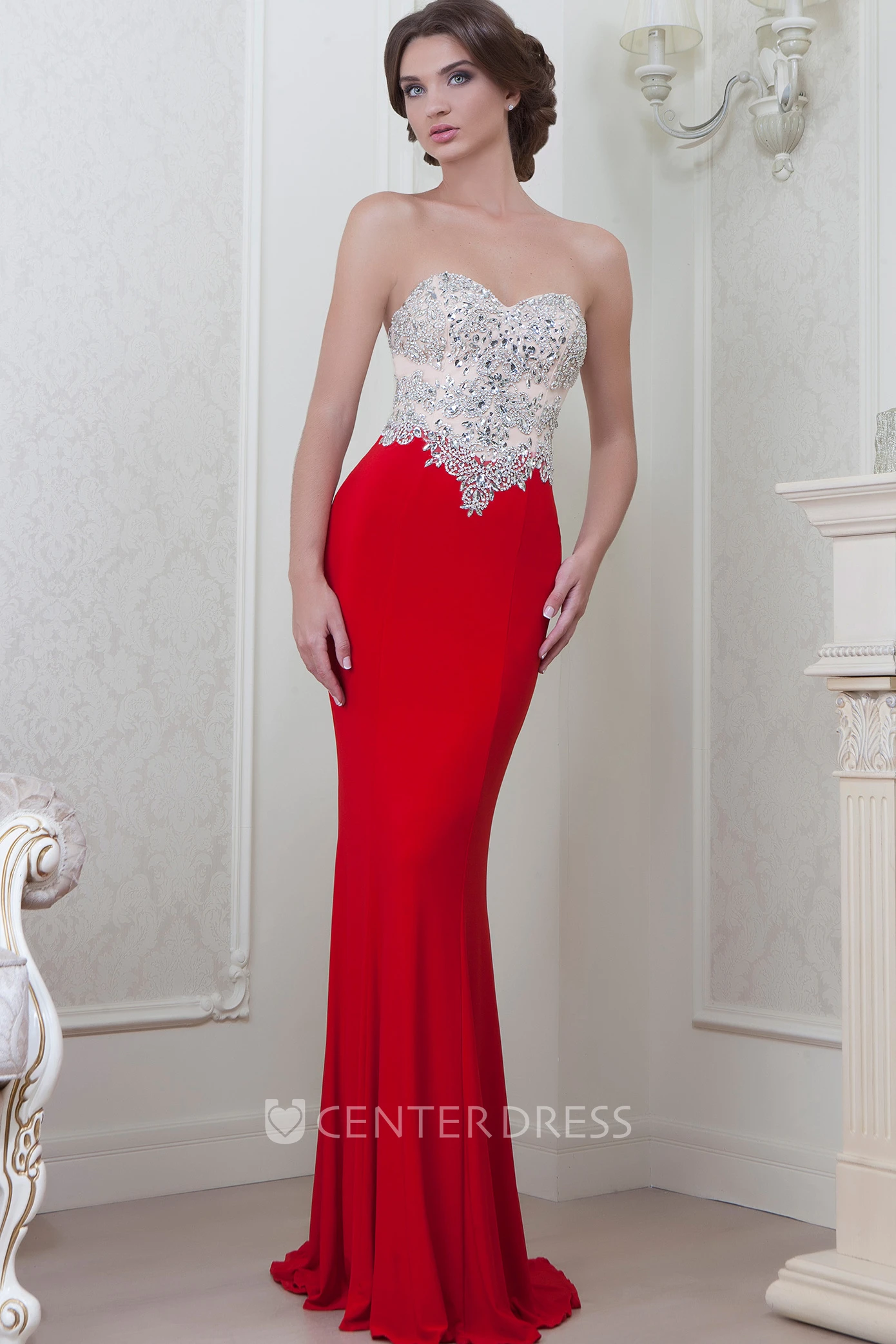 Sheath Long Sweetheart Crystal Sleeveless Jersey Evening Dress