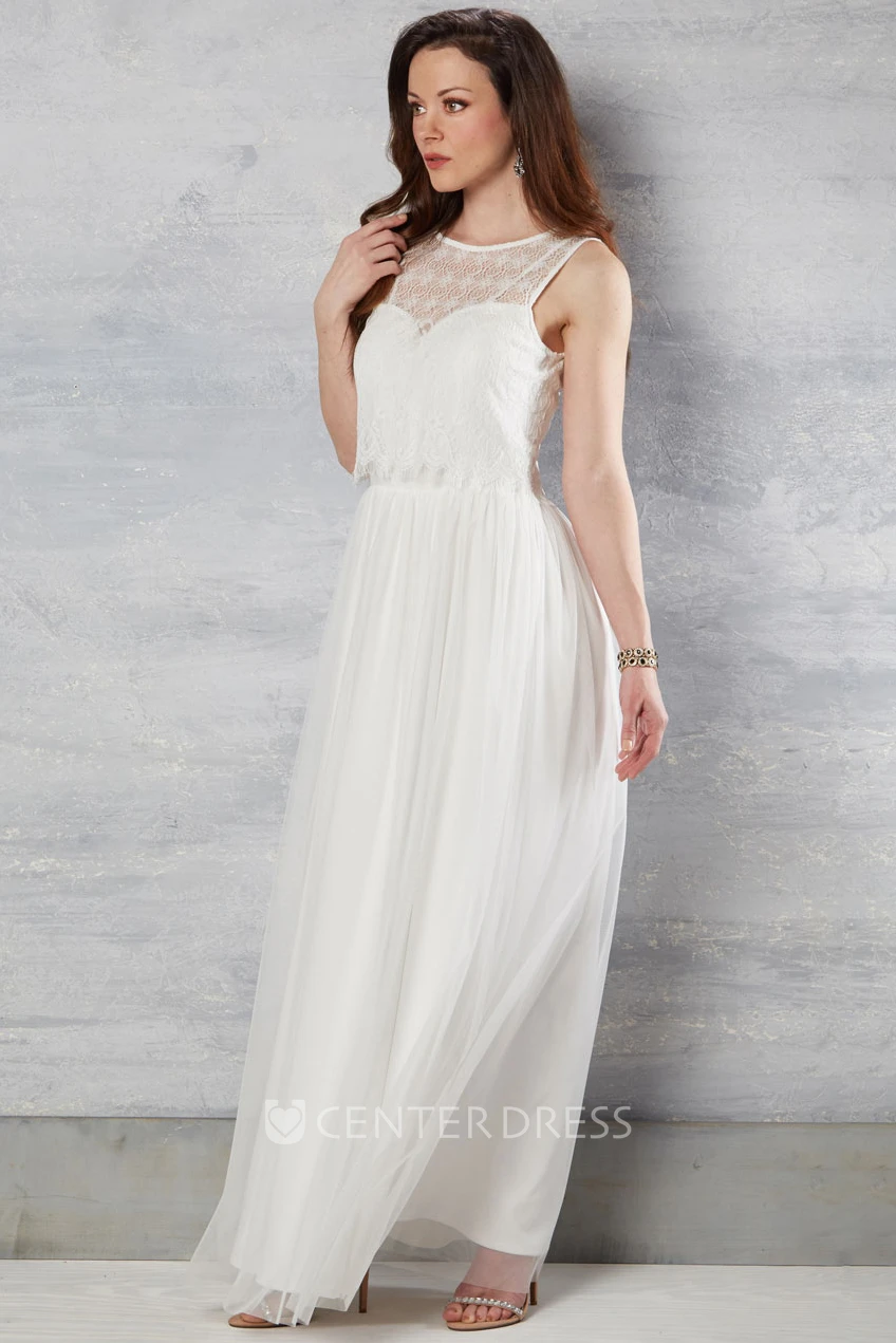 Sleeveless Maxi Scoop-Neck Tulle Wedding Dress With Lace
