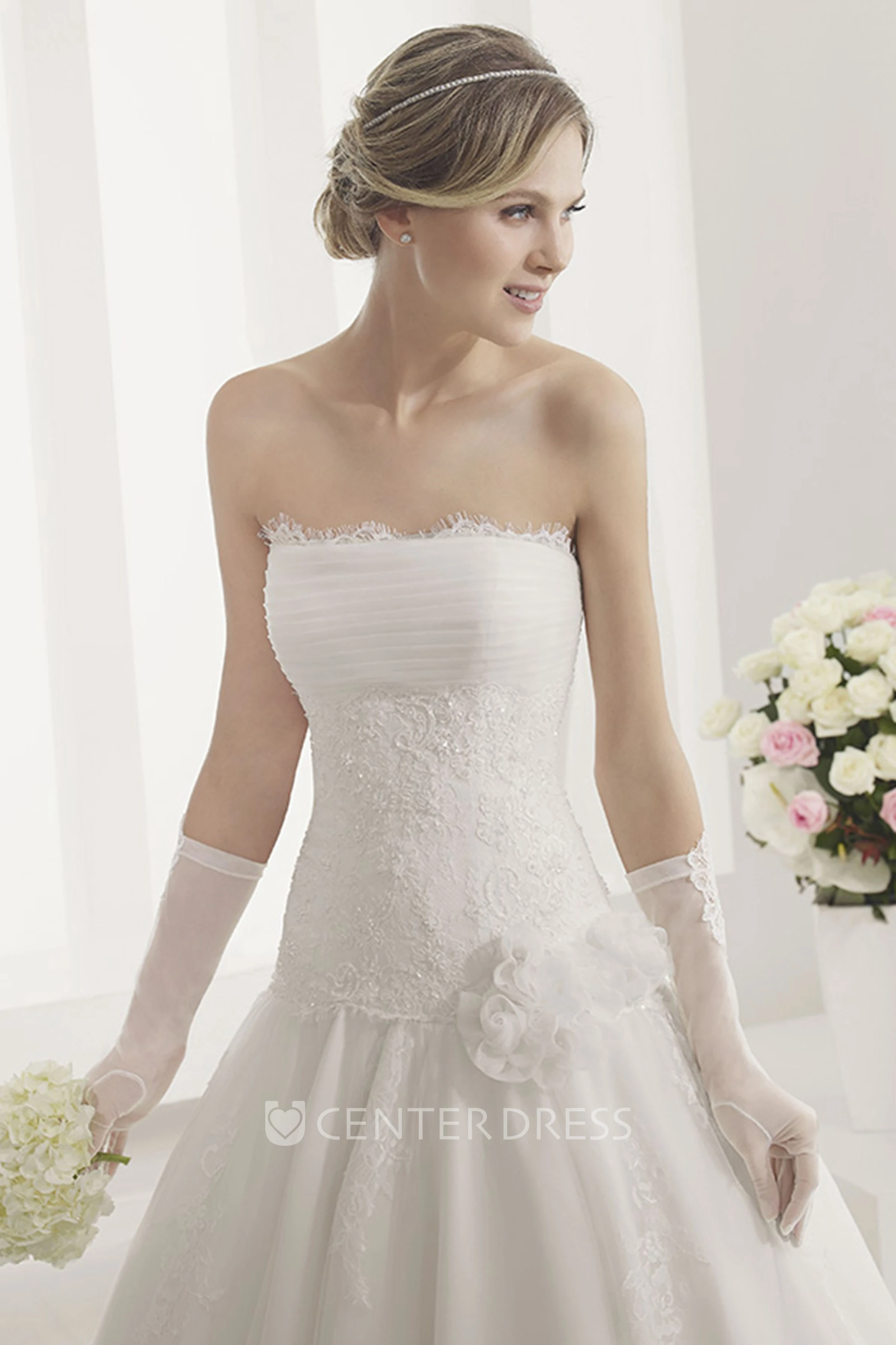 Ruched Top Lace Drop Waist Ball Gown With Organza Flower