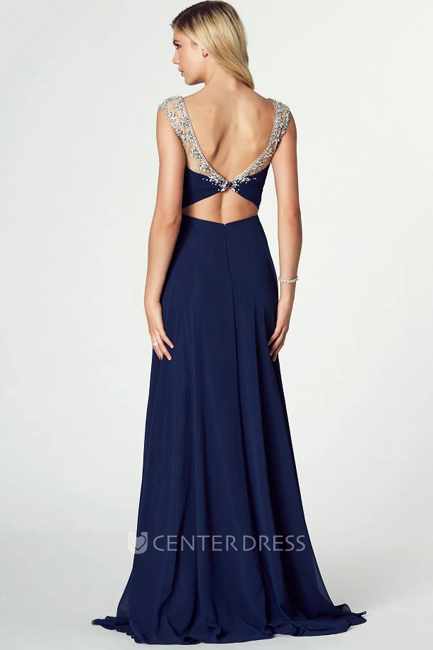 Sheath Bateau Neck Criss-Cross Sleeveless Chiffon Prom Dress