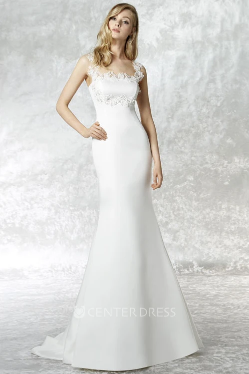Floor-Length Straps Appliqued Satin Wedding Dress With Court Train
