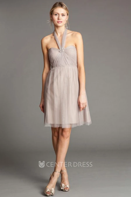 Short Sleeveless Halter Ruched Tulle Bridesmaid Dress With Broach