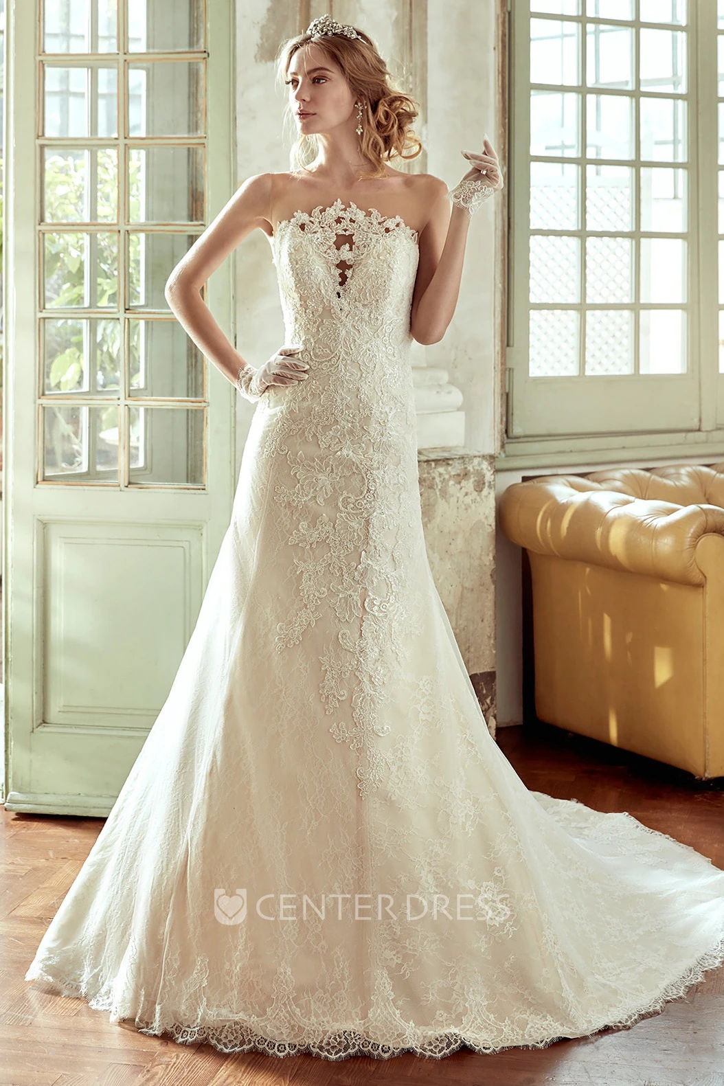 Strapless Lace Wedding Dress with Appliqued Bust and Brush Train 