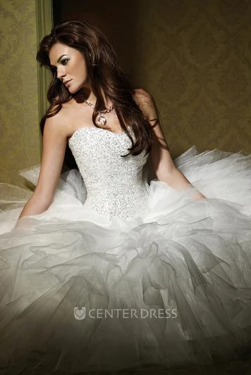 Ball Gown Ruffled Sweetheart Tulle Wedding Dress With Beading And Court Train