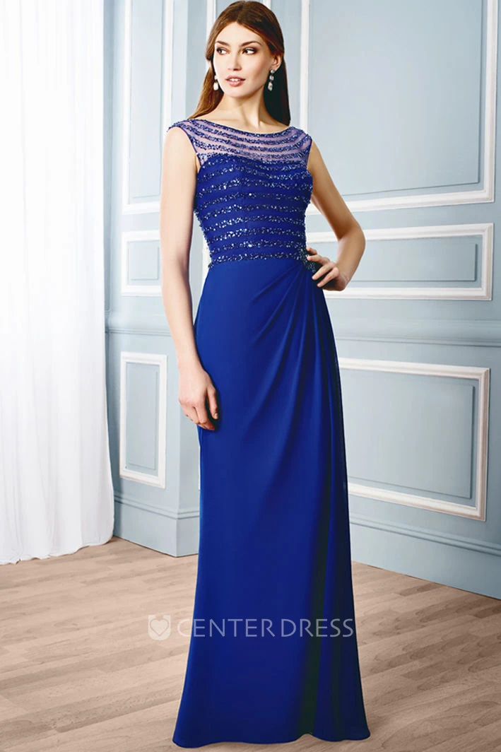 Sheath Bateau Long Side-Draped Cap-Sleeve Chiffon Formal Dress With Illusion Back And Beading