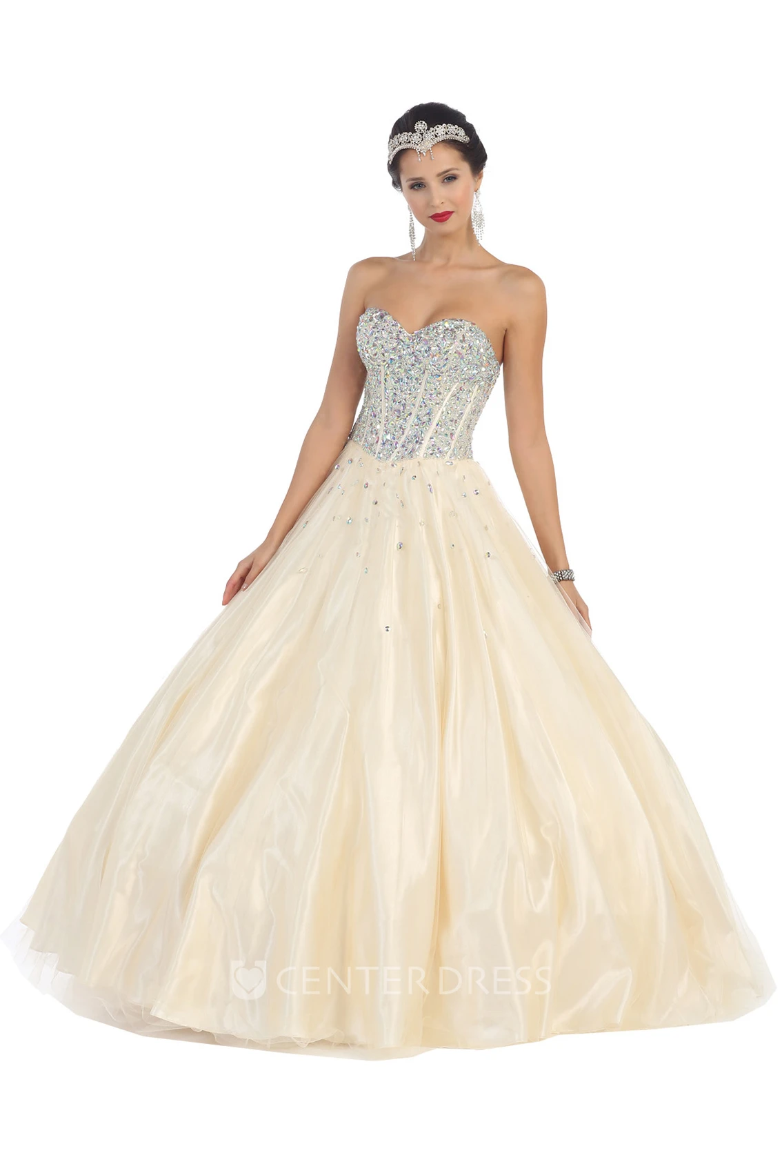 Ball Gown Long Sweetheart Sleeveless Satin Backless Dress With Beading