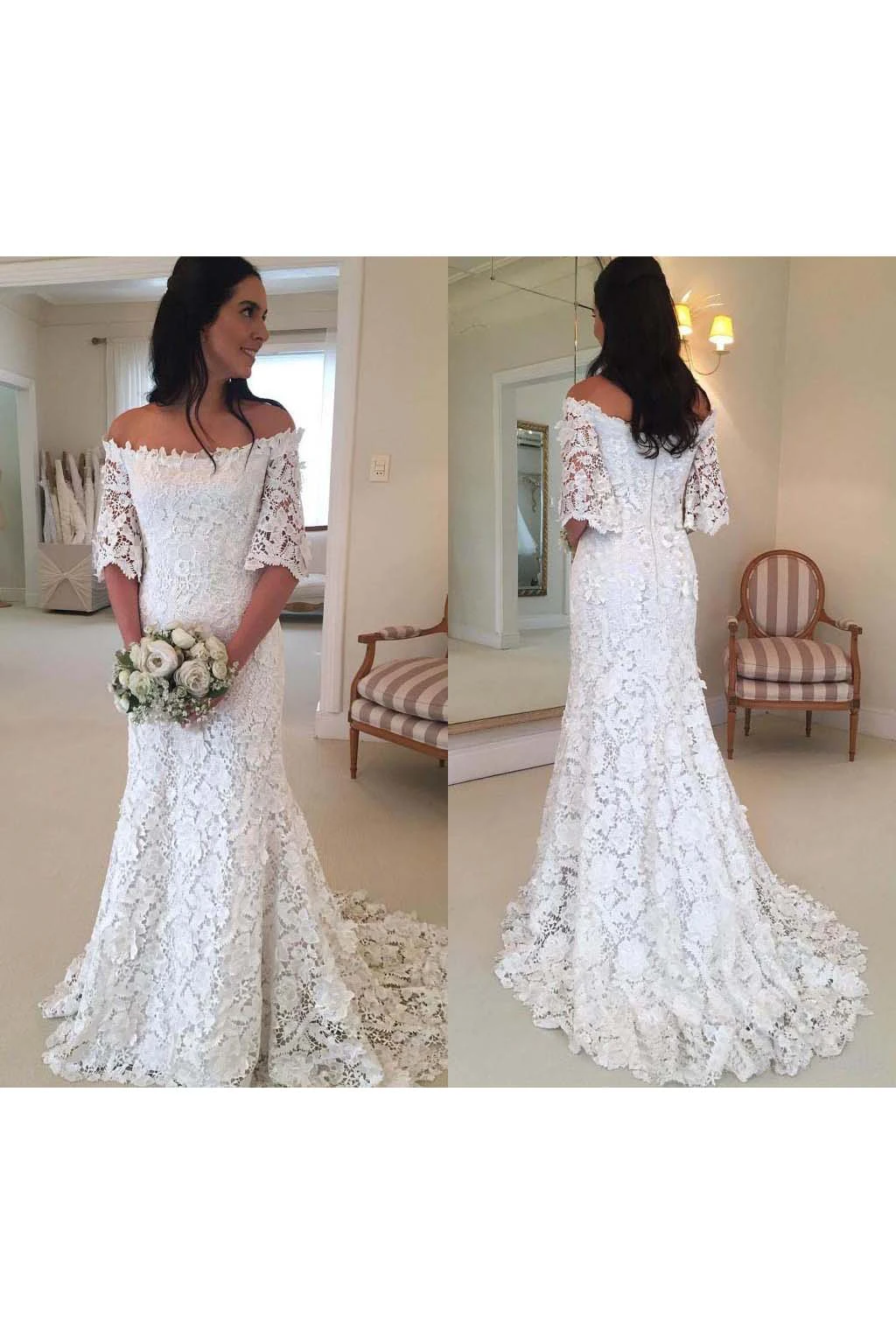 Sheath Off-the-shoulder Lace Zipper Warm Wedding Dress