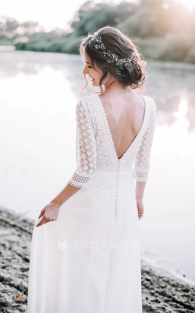 Country Lace Boho 3/4 Sleeve A Line Spring Wedding Dress Modern Deep V Back Floor Length Bridal Gown