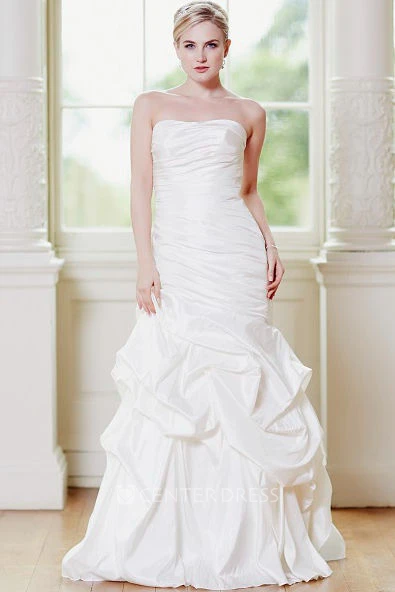 Mermaid Strapless Ruffled Taffeta Wedding Dress With Ruching And Lace Up
