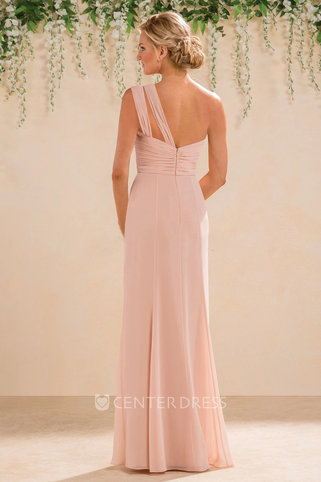 One-Shoulder A-Line Long Bridesmaid Dress With Front Slit And Pleats