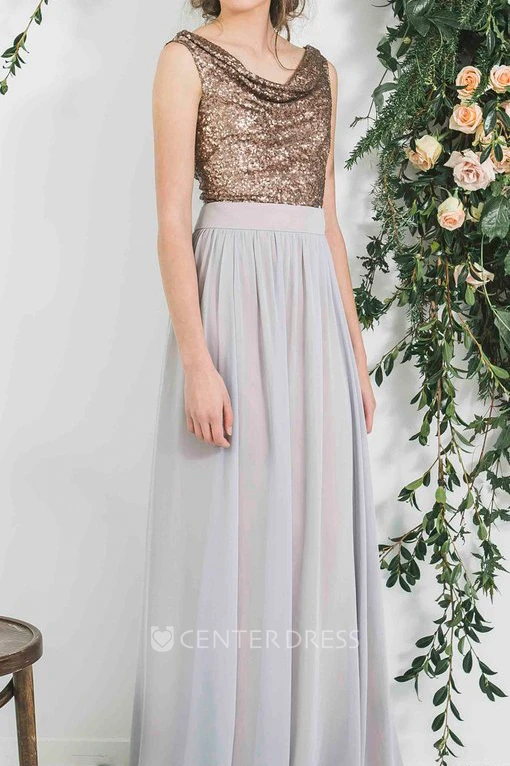 Sequined Sleeveless Cowl Neck Chiffon Bridesmaid Dress