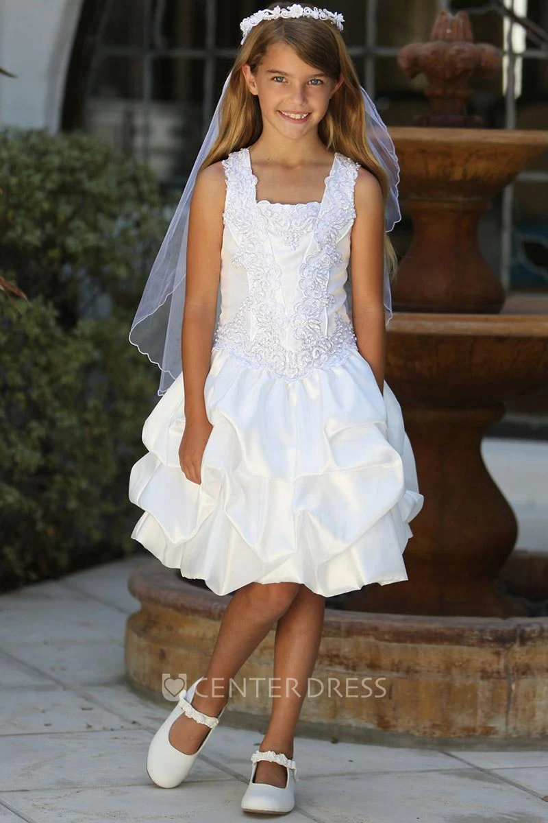 Knee-Length Appliqued Ruched Beaded Lace&Sequins Flower Girl Dress With Sequins