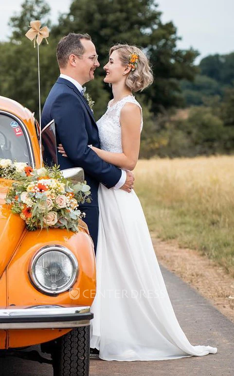 Jewel Chiffon A-Line Modest Wedding Dress Sleeveless With Brush Train
