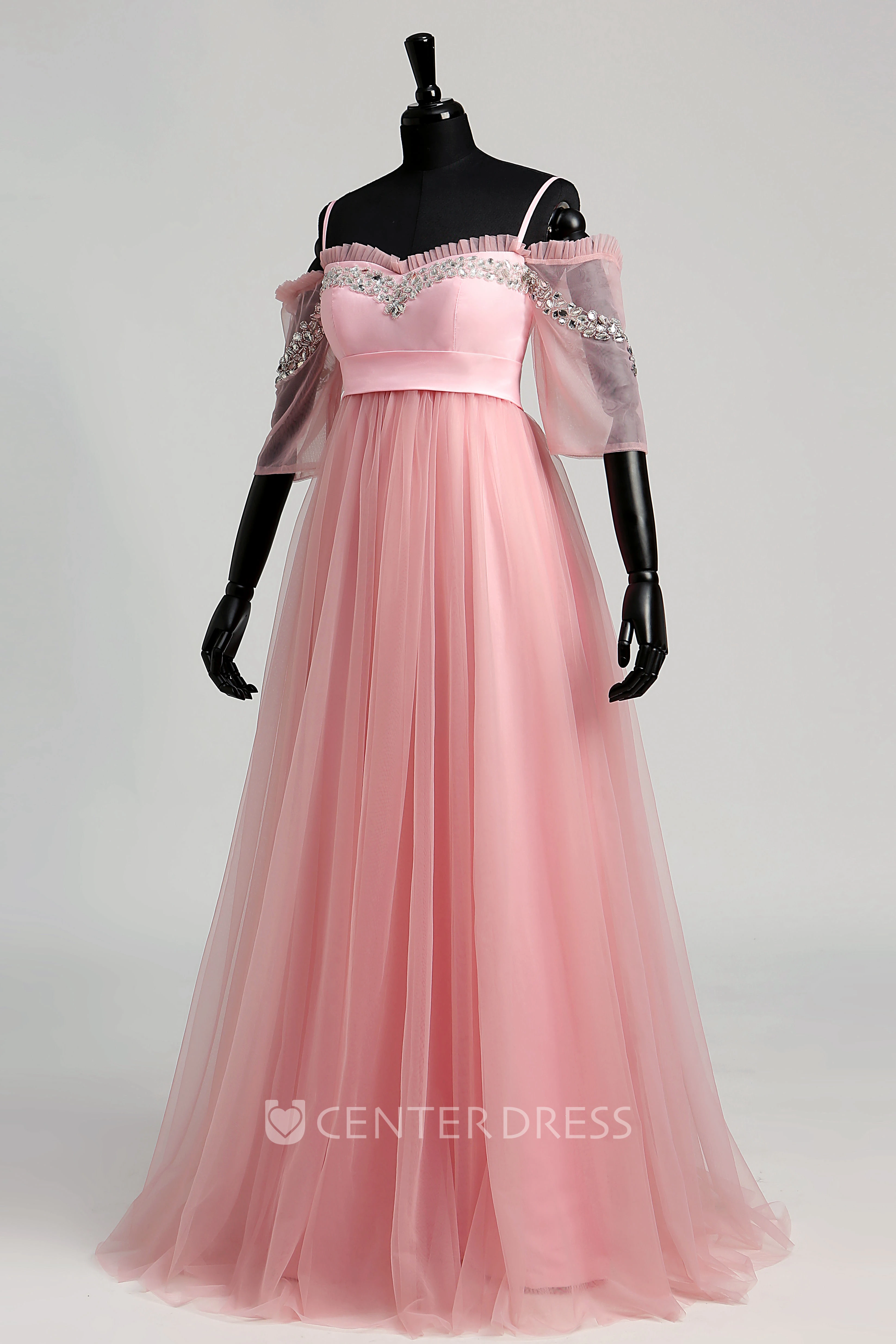 A-line Sweep Brush Train Beading Tulle Dress