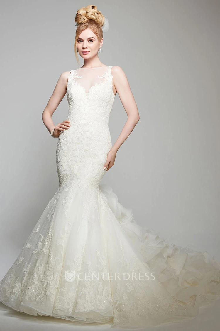 Mermaid Floor-Length Appliqued Sleeveless Jewel Lace Wedding Dress With Ruffles And Illusion Back