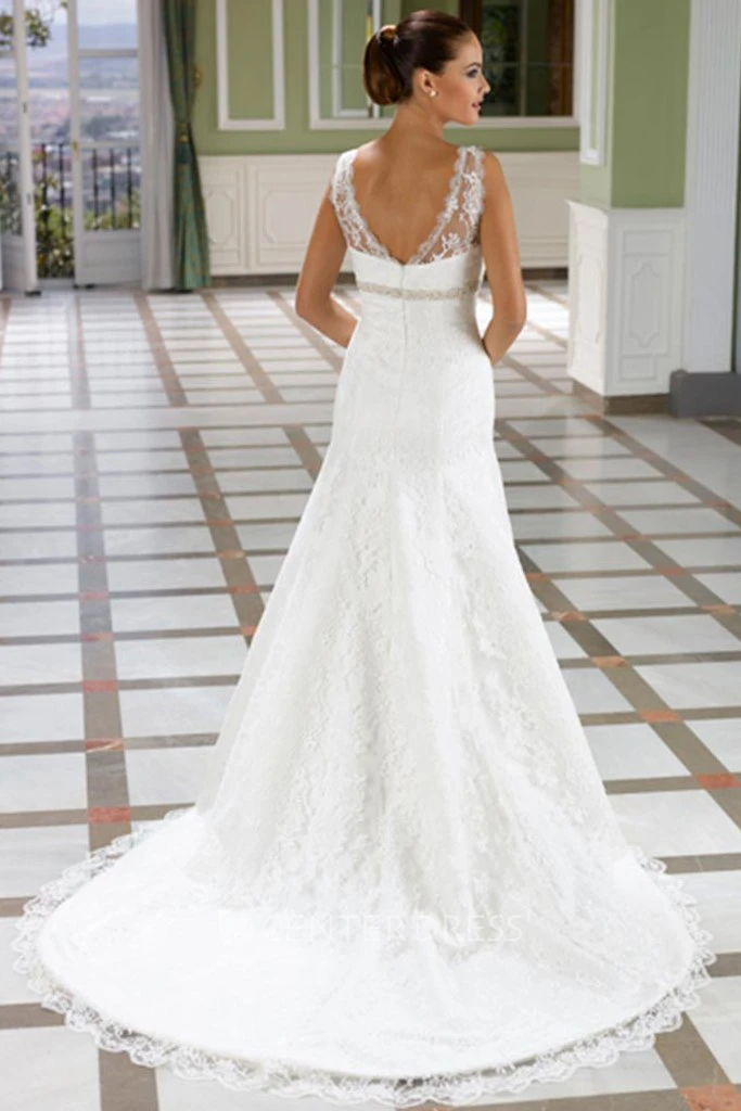 A-Line V-Neck Floor-Length Jeweled Sleeveless Lace Wedding Dress With Court Train And Low-V Back