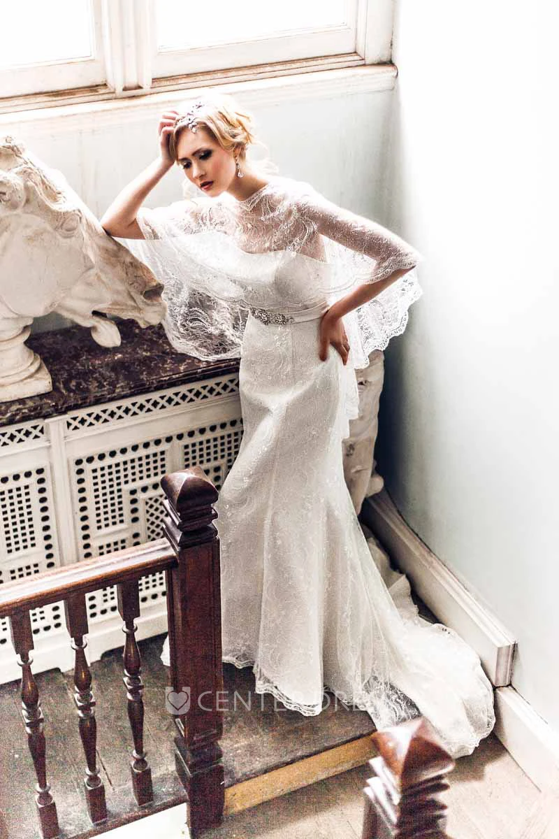 Floor-Length Scoop Cape Poet-Sleeve Lace&Satin Wedding Dress With Brush Train