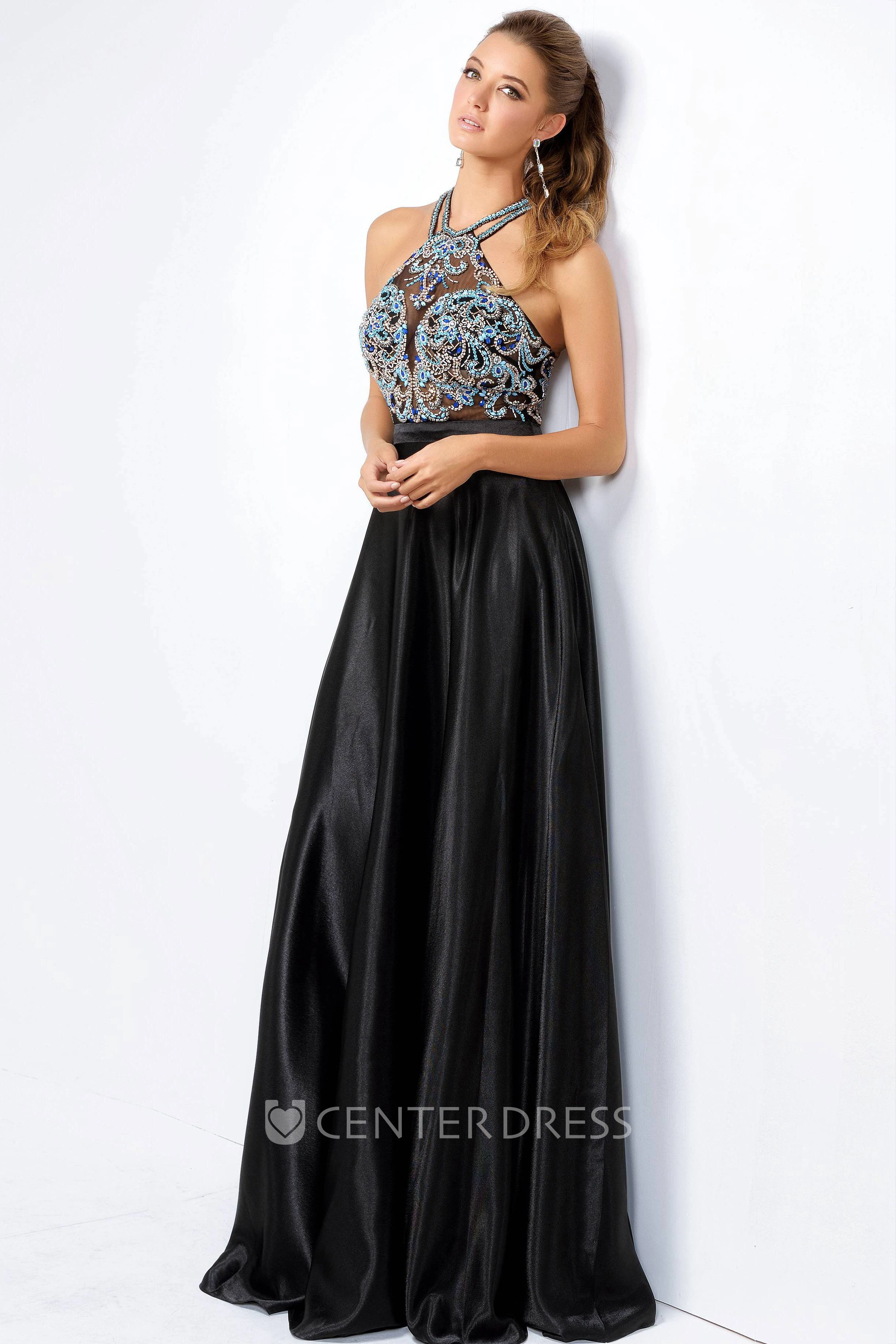A-Line Long Halter Sleeveless Satin Dress With Beading
