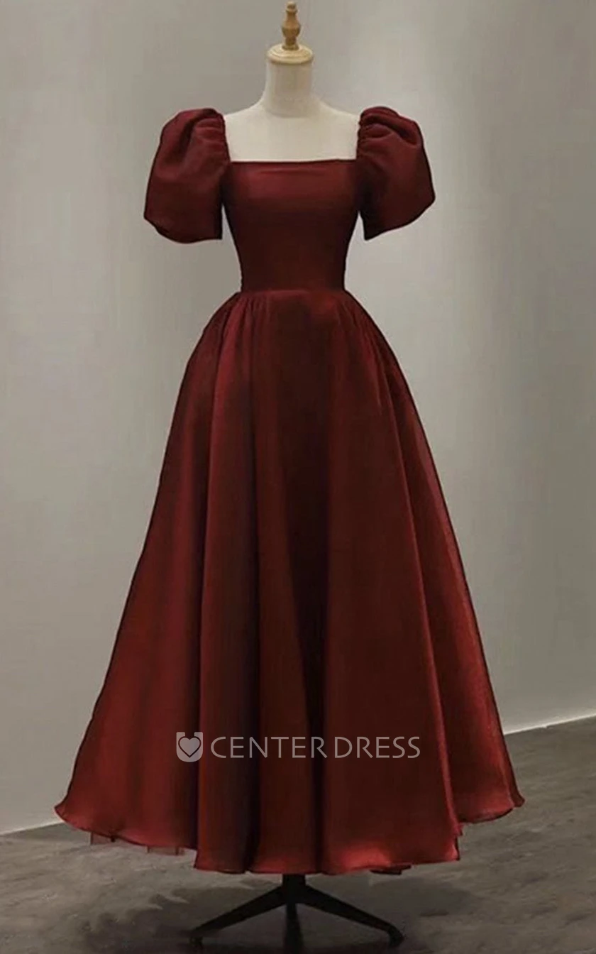 Vintage Satin A Line Ankle-length Short Sleeve Square Formal Dress with Ruching