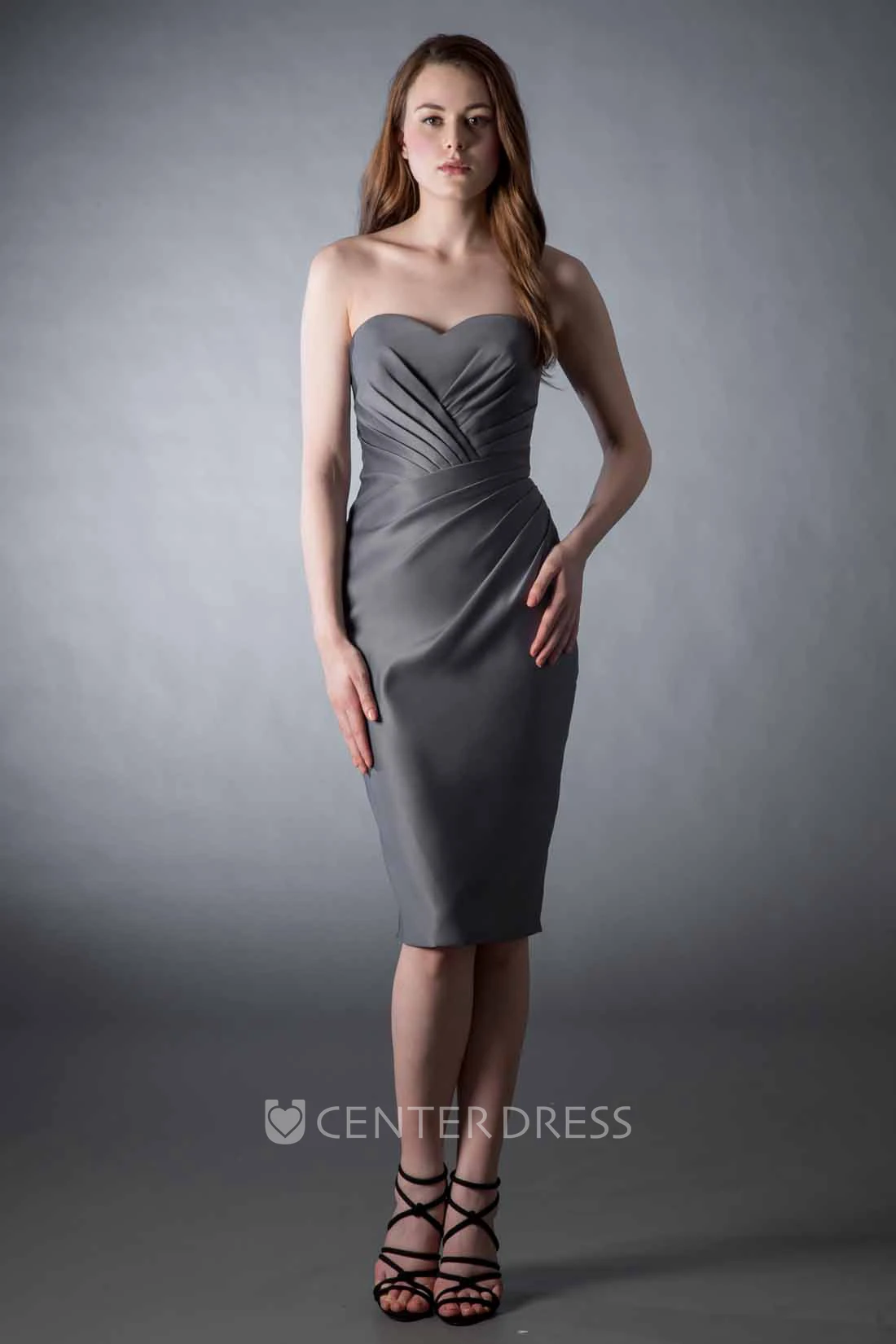 Pencil Knee-Length Ruched Sleeveless Sweetheart Satin Bridesmaid Dress