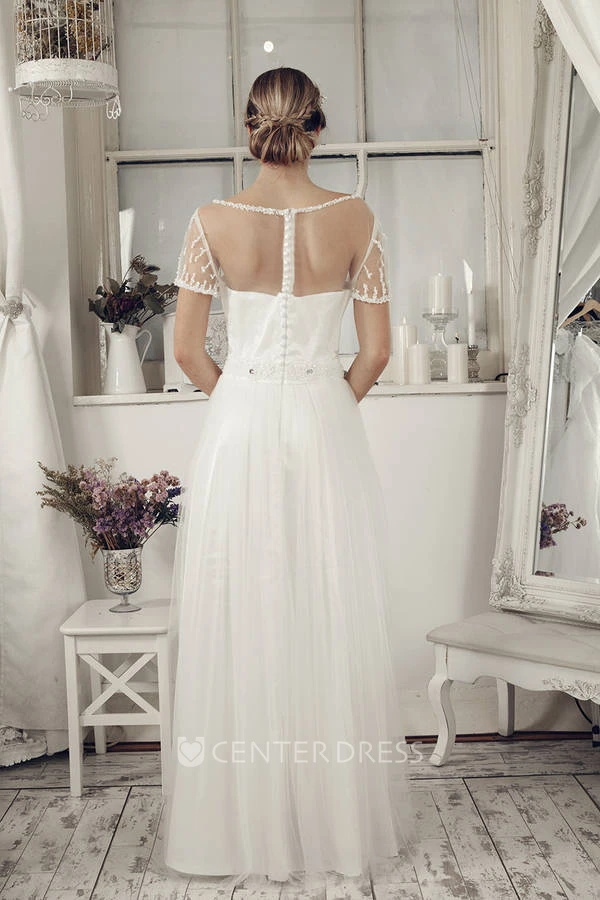 Scoop Neck Short Sleeve Beaded Tulle Wedding Dress