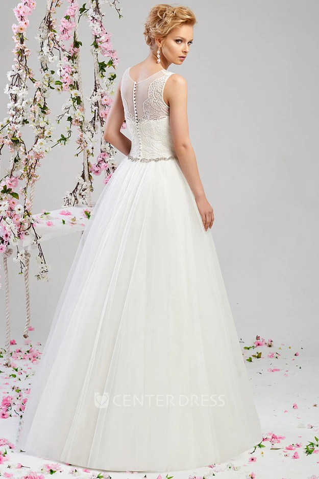 A-Line Scoop-Neck Floor-Length Sleeveless Appliqued Tulle&Satin Wedding Dress With Waist Jewellery