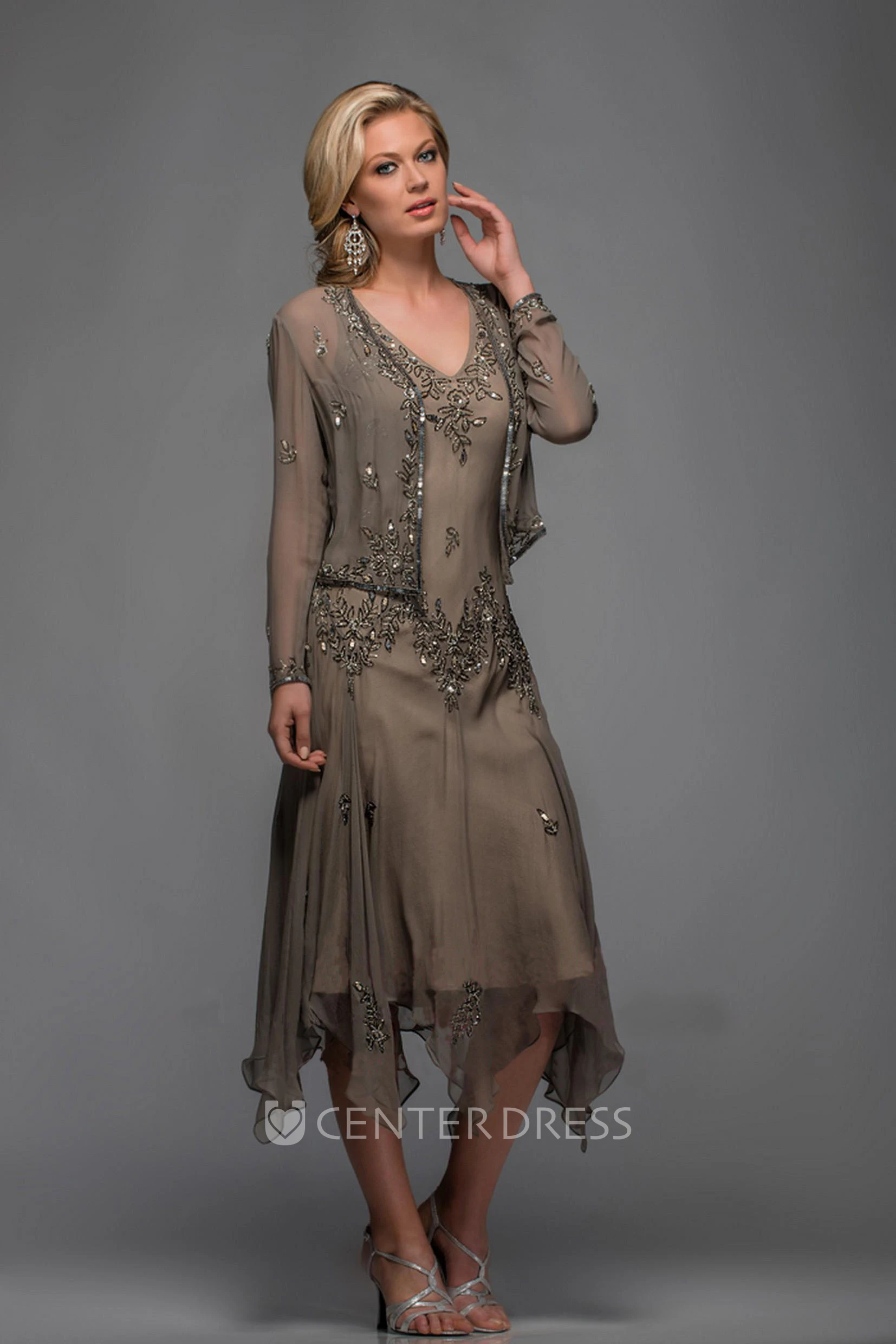 Casual Sheath Chiffon V-neck Tea-length Mother of The Bride Dress