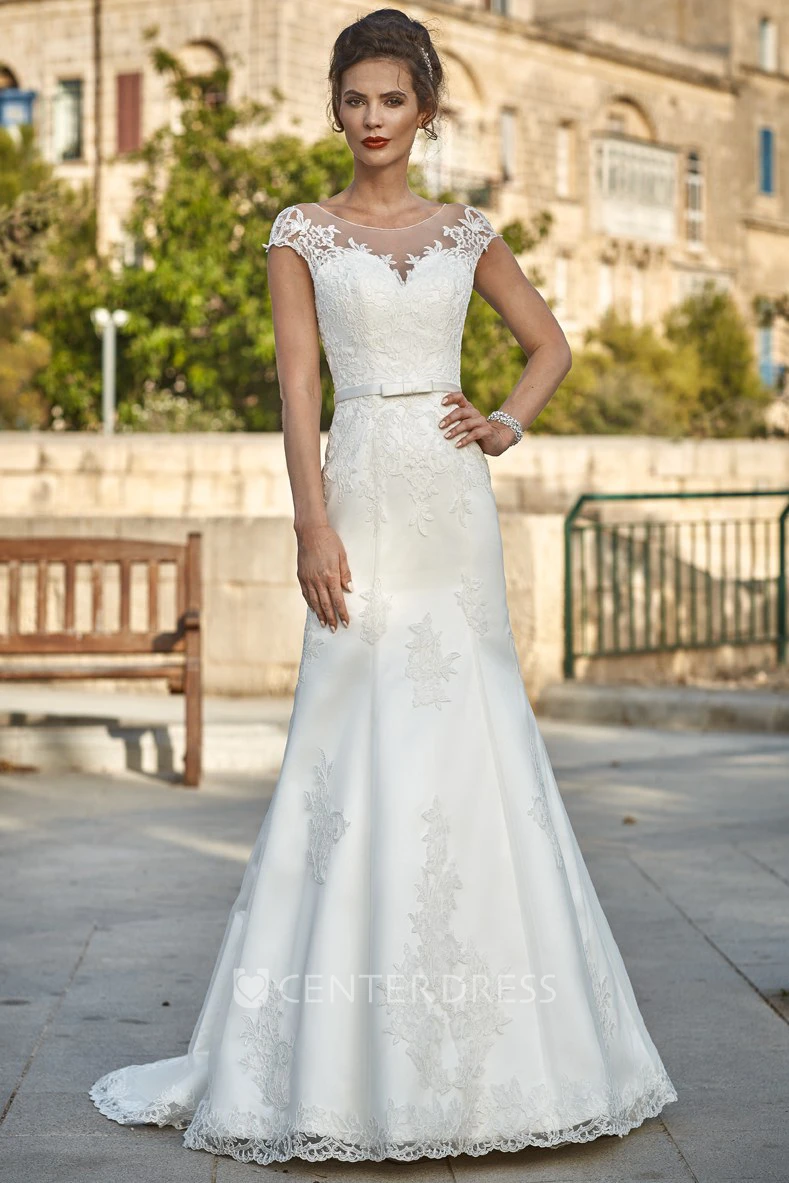 A-Line Scoop-Neck Appliqued Floor-Length Short-Sleeve Satin&Lace Wedding Dress