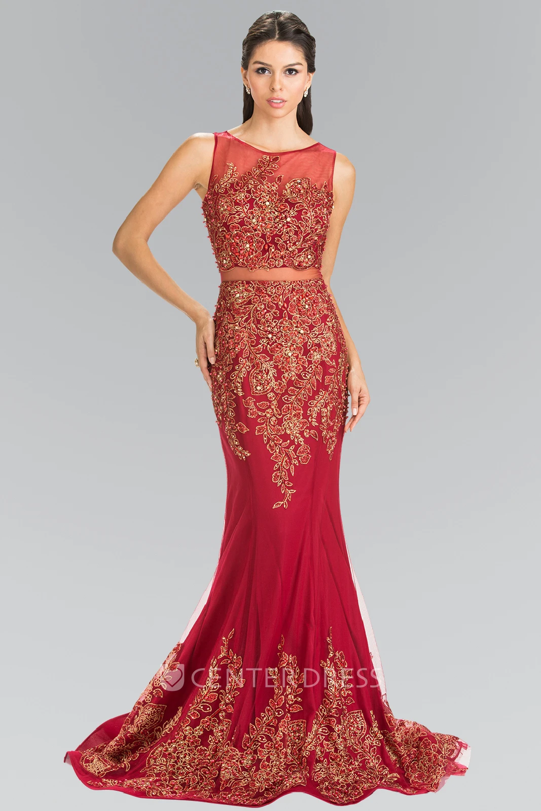 Trumpet Scoop-Neck Sleeveless Jersey Dress With Appliques And Beading