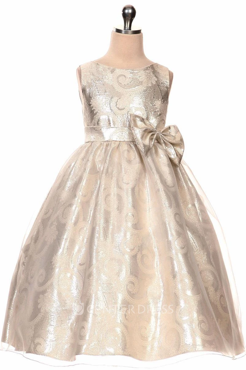 Tea-Length Tiered Bowed Sequins&Organza Flower Girl Dress With Sash
