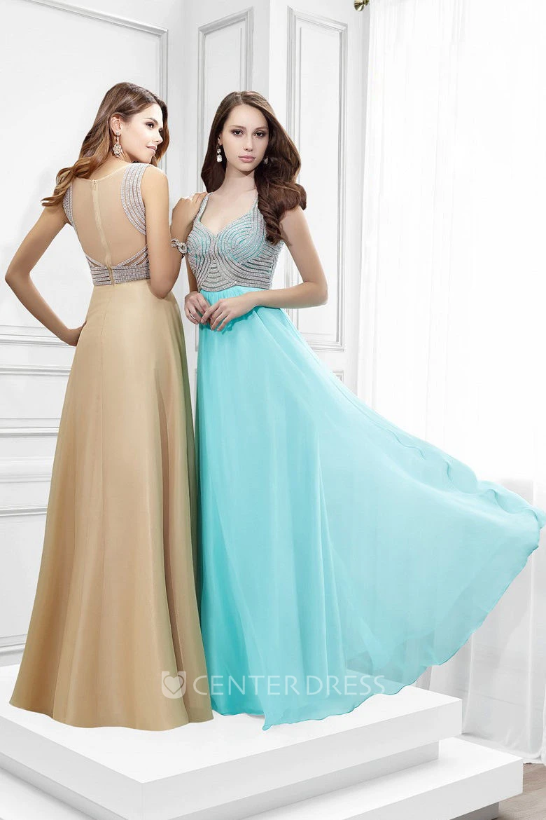 Strapped Sleeveless Beaded Chiffon Prom Dress With Illusion Back