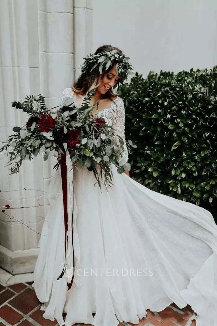 3-4 Length Sleeve Two Piece V-neck Floor-length Sweep Brush Train Lace Warm Wedding Dress with Ruching