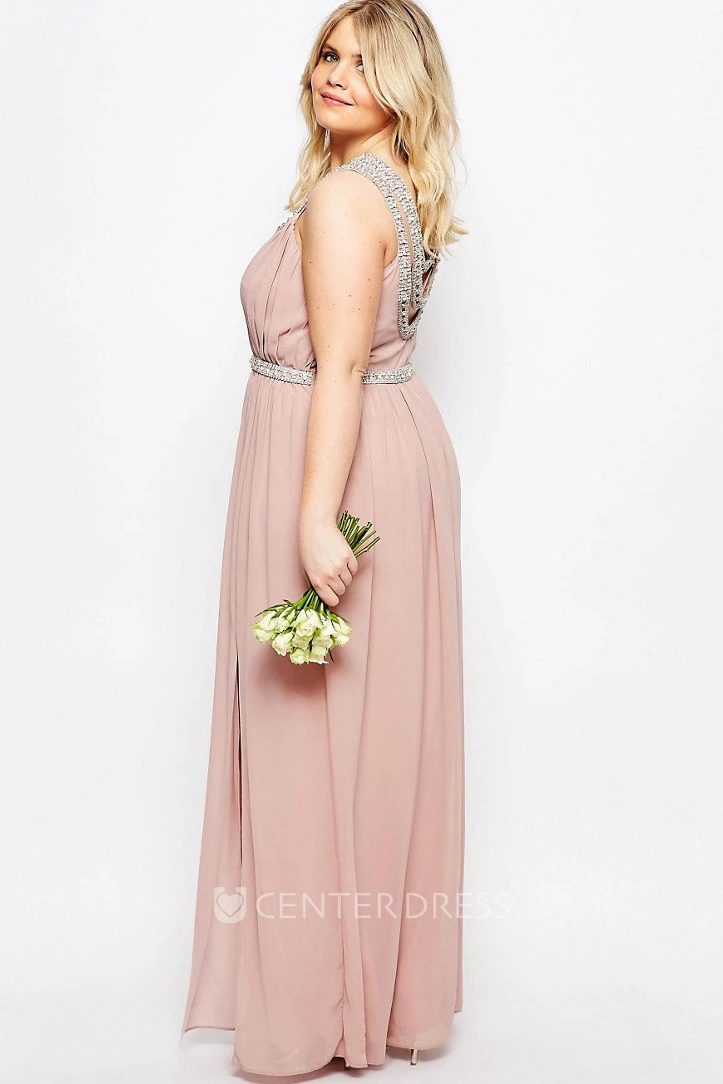 Sheath Floor-Length Scoop-Neck Sleeveless Chiffon Bridesmaid Dress With Beading And V Back